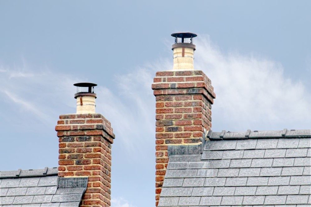 Brick chimney stack and roof tiles